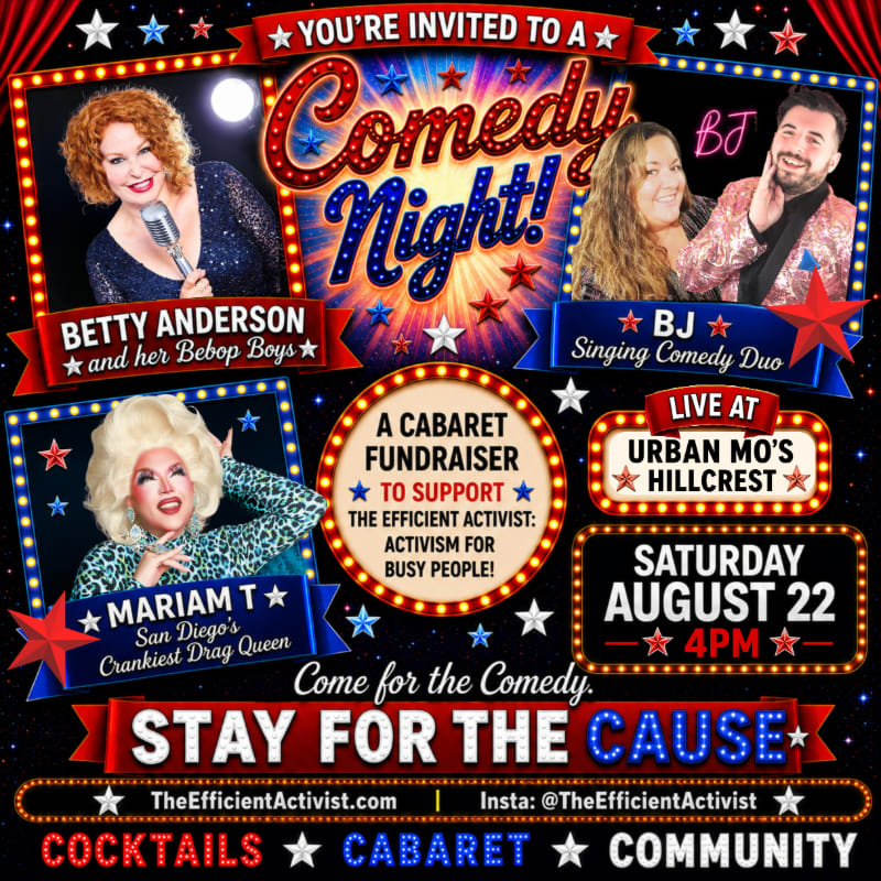 A vibrant poster advertises a comedy night fundraiser featuring Betty Anderson, Mariam T, and BJ, with details about the event and performers set against a starry, colorful background.