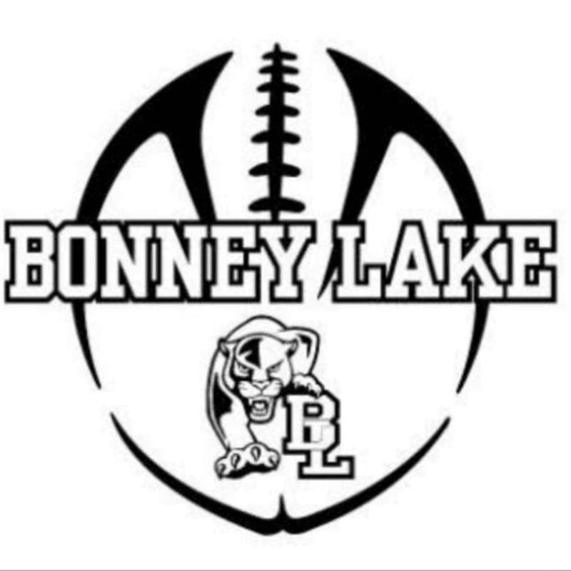 A black and white logo features the words "BONNEY LAKE" in bold letters across the top, with a stylized football shape behind it, and a panther mascot with the letters "BL" on its chest in the lower portion.