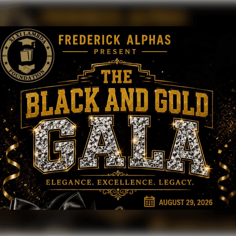 A black and gold "The Black and Gold Gala" event poster with a foundation logo in the upper left and event details at the bottom is set against a dark, sparkling background with confetti and ribbons.