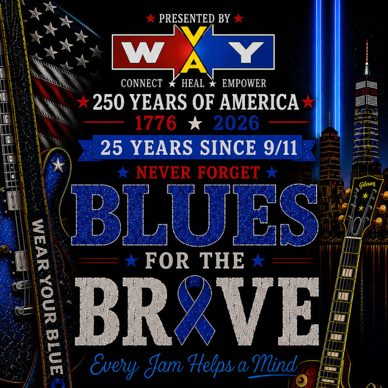 Two guitars frame a patriotic graphic celebrating "250 Years of America" and "25 Years Since 9/11" with the words "BLUES FOR THE BRAVE" prominently displayed against a cityscape background.
