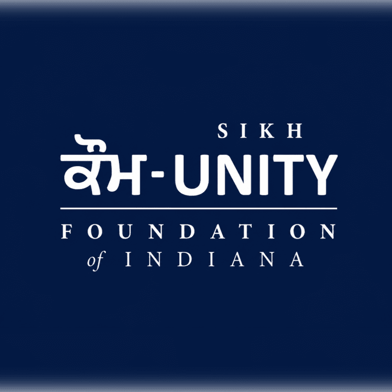 White text and a symbol for "Sikh Unity Foundation of Indiana" are centered on a dark blue background.