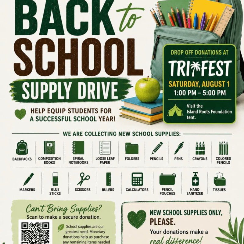 A green backpack overflowing with school supplies sits on a stack of books in the foreground, while the background features a large "BACK to SCHOOL SUPPLY DRIVE" poster with event details.