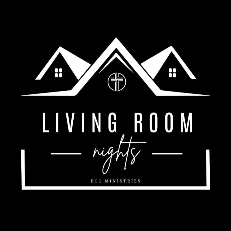 White line art of three houses with a cross emblem on the central roof sits above the text "LIVING ROOM nights" and "BCG MINISTRIES" on a black background.