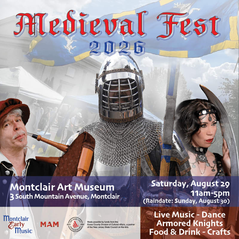 A medieval festival poster features a knight in armor in the foreground, with a bagpiper and a woman in costume on either side, set against a backdrop of tents and a banner.