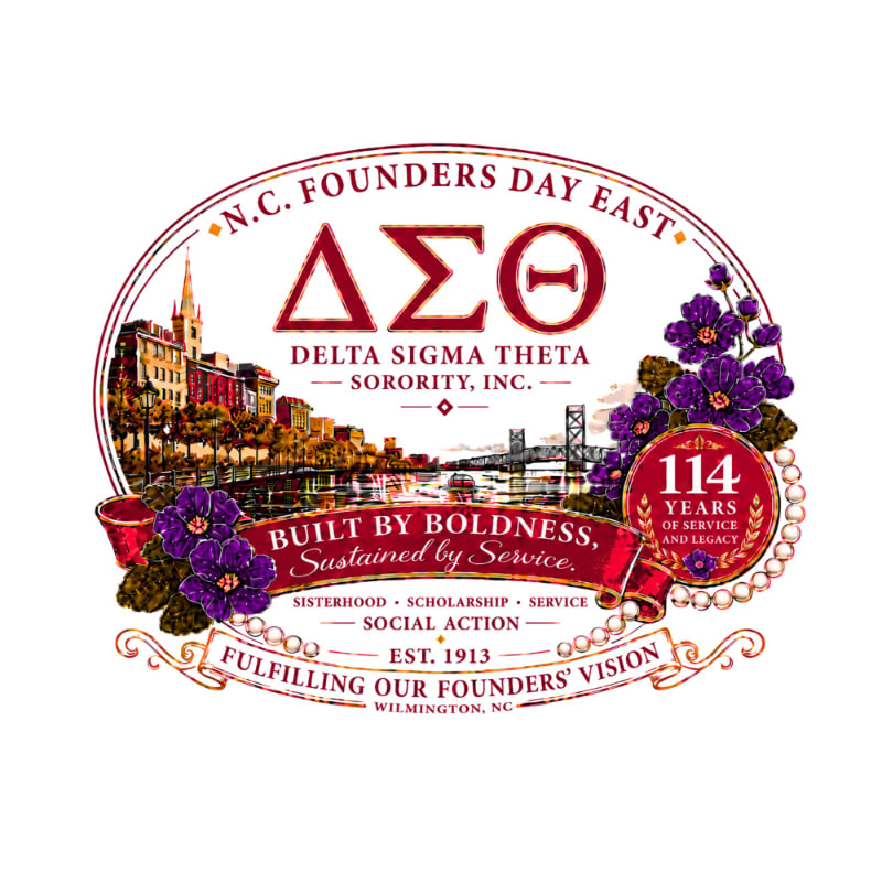 A circular emblem celebrating Delta Sigma Theta Sorority's N.C. Founders Day East features a cityscape and bridge in the background, with purple flowers and a banner proclaiming "Built by Boldness, Sustained by Service" in the foreground.