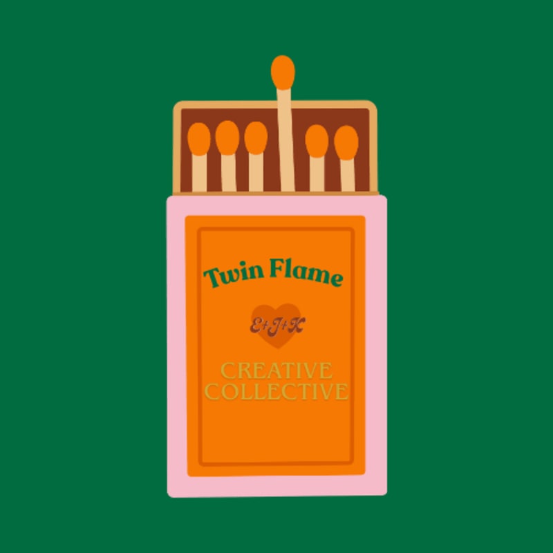 A box of matches with "Twin Flame Creative Collective" written on it stands out against a solid green background.