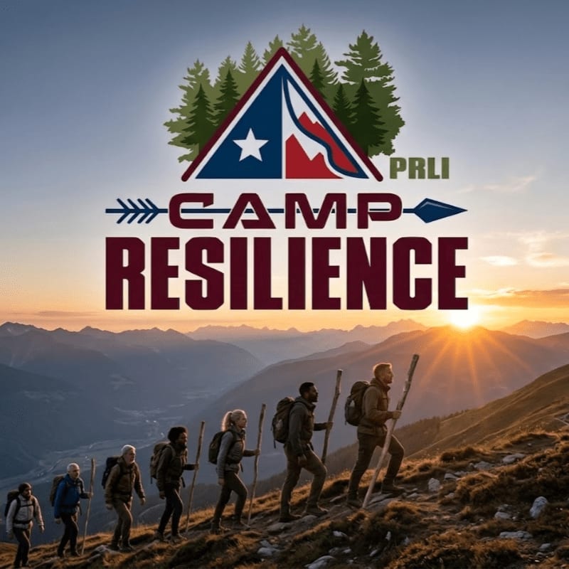 A group of hikers ascend a mountain trail in the foreground, with a logo for "Camp Resilience" superimposed over a sunset sky and distant mountain ranges in the background.