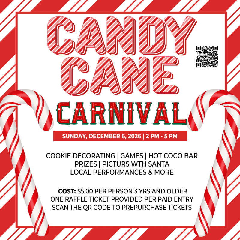 Two large candy canes frame the text "CANDY CANE CARNIVAL" against a red and white striped background.