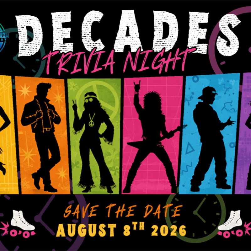 Silhouetted figures representing different decades dance across colorful panels in the foreground, while the background features a clock motif and the text "DECADES TRIVIA NIGHT SAVE THE DATE AUGUST 8TH 2026".