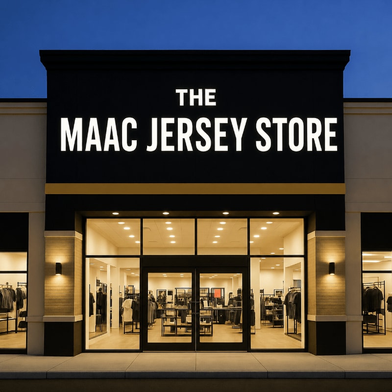 A brightly lit storefront for "THE MAAC JERSEY STORE" with racks of clothing visible inside, set against a twilight sky.