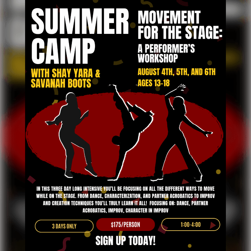 Silhouetted dancers perform on a red oval stage against a black background with confetti and text advertising a summer camp workshop.