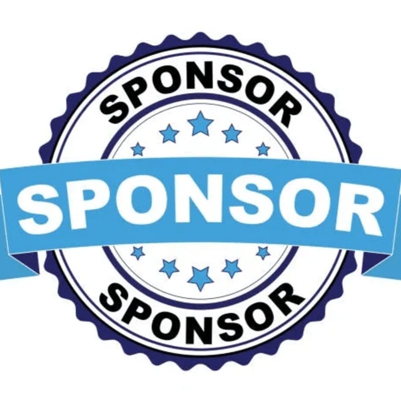 A blue and white circular badge with the word "SPONSOR" repeated around it and across a banner in the foreground is set against a plain white background.