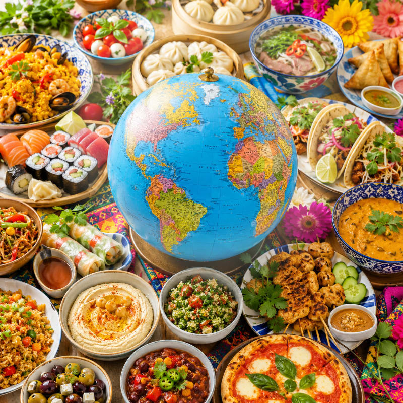 A globe sits on a table laden with a diverse array of international dishes, from sushi and tacos to curry and pizza, surrounded by vibrant flowers and greenery.