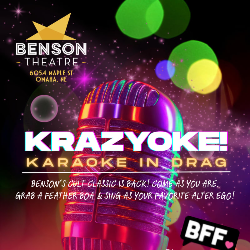 A vintage microphone with "KRAZYOKE! KARAOKE IN DRAG" text in the foreground is set against a dark background with bokeh lights and stars, advertising Benson Theatre.