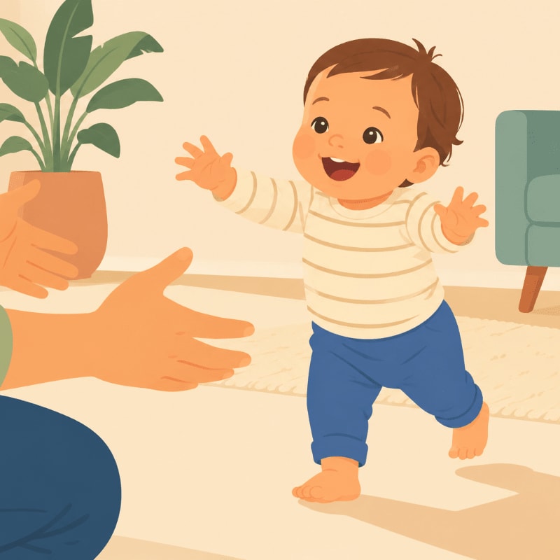 A happy baby in a striped shirt and blue pants reaches out with open arms towards a person's hands in the foreground, while a potted plant and a chair are visible in the soft-lit background.