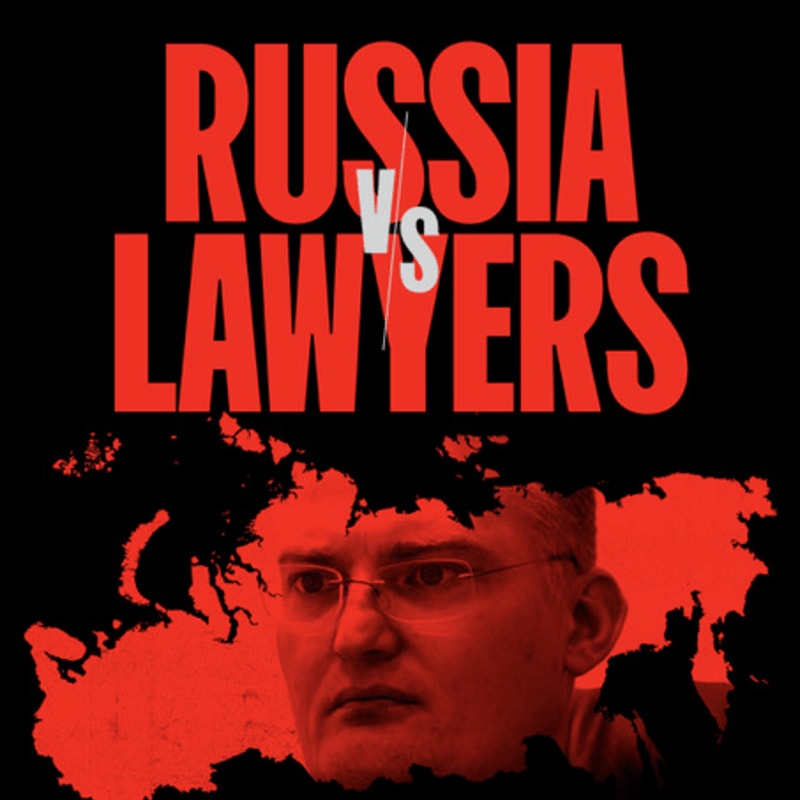 A man's face is superimposed over a red map of Russia, with the words "RUSSIA VS LAWYERS" in large red letters above.
