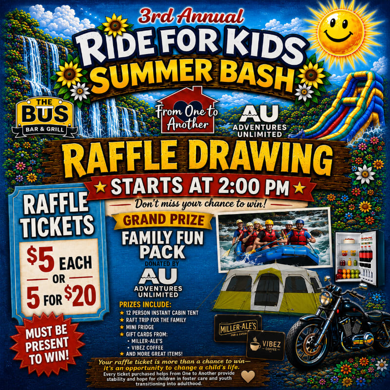 A vibrant poster for a "Ride for Kids Summer Bash" raffle drawing features a waterfall and sunflowers in the background, with raffle ticket prices and prize details prominently displayed in the foreground.