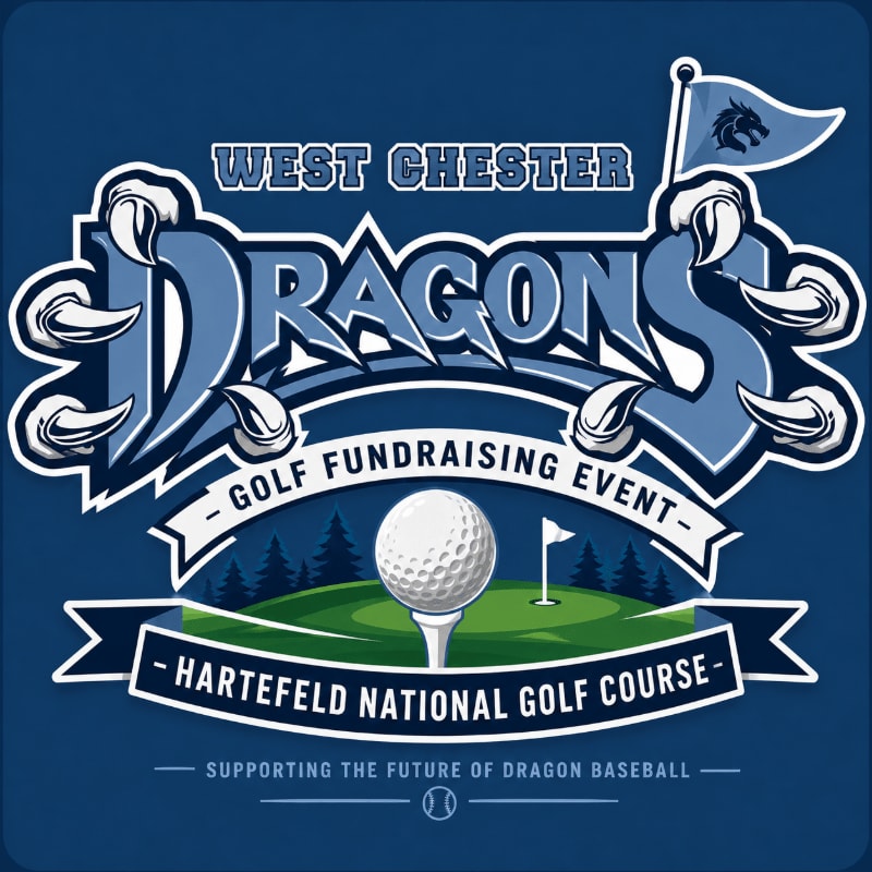 A golf ball sits on a tee in the foreground, with the "West Chester Dragons Golf Fundraising Event" logo and a dark blue background featuring trees and a flag.