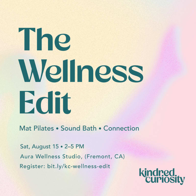 The foreground features event details for "The Wellness Edit" with activities like Mat Pilates and Sound Bath, set against a soft, gradient background of pink and yellow hues.