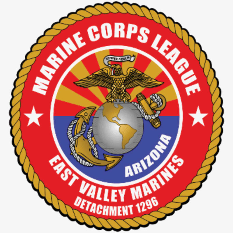 A circular emblem with a rope border features a globe with an anchor and eagle in the foreground, set against a red and yellow striped background with text around the perimeter.