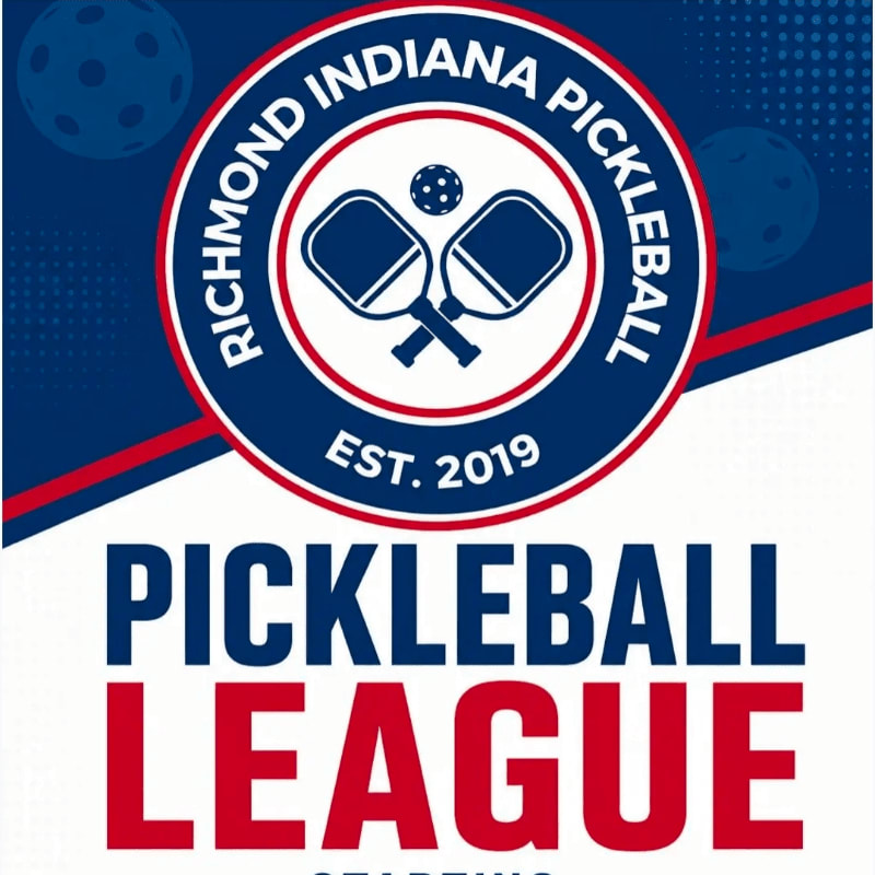 A circular logo with crossed pickleball paddles and a ball is centered above the words "PICKLEBALL LEAGUE" in large red letters, set against a blue background with faint pickleball graphics.