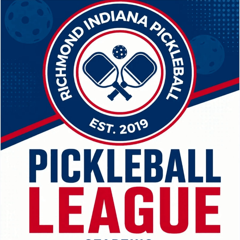 A circular logo with crossed pickleball paddles and a ball is centered above the words "PICKLEBALL LEAGUE" in large red letters, set against a blue background with faint pickleball graphics.