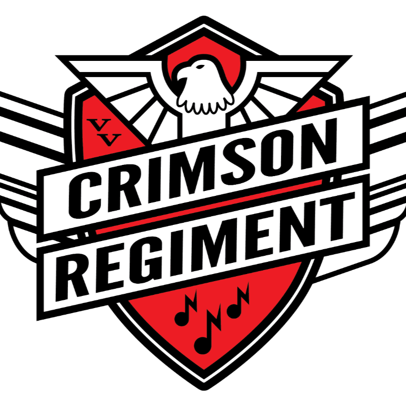 A red and white crest with an eagle and musical notes in the foreground is set against a background of black and white stripes.