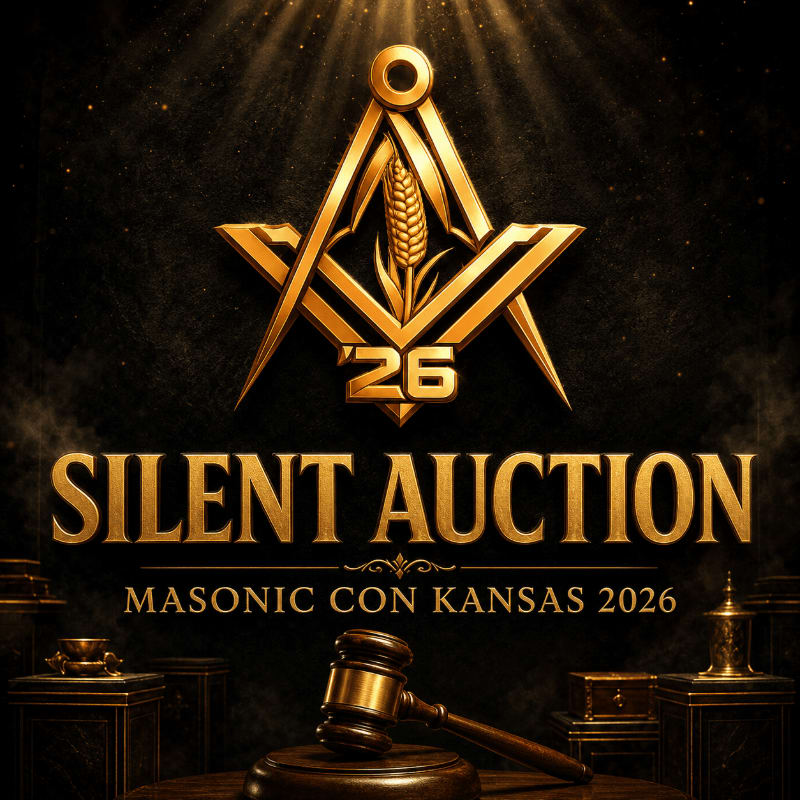A gavel rests on a wooden podium in the foreground, while a golden Masonic square and compass with a wheat stalk and the year '26 are prominently displayed against a dark, textured background with dramatic lighting.