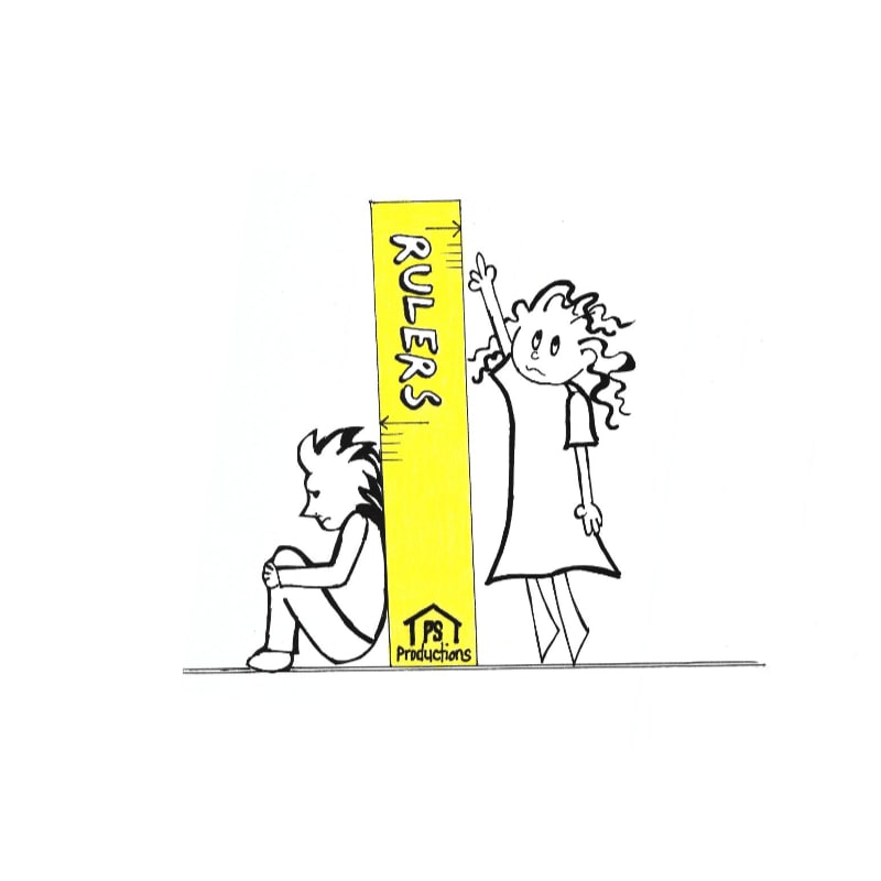 A sad boy sits hunched beside a tall yellow ruler labeled "RULERS" while a girl happily reaches for the top of it against a white background.