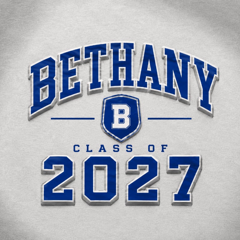 Blue and white text on a light gray textured background reads "BETHANY CLASS OF 2027" with a shield logo containing a "B" in the center.