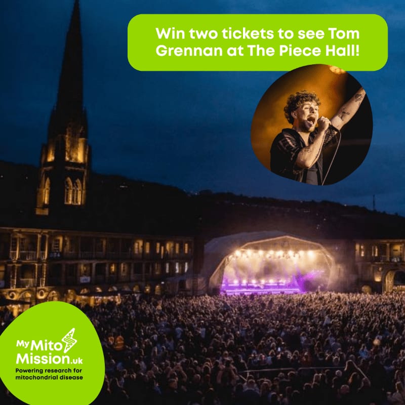 A large crowd gathers in front of a brightly lit stage at The Piece Hall, with a circular inset showing Tom Grennan performing and a green circle in the lower left corner promoting My Mito Mission.