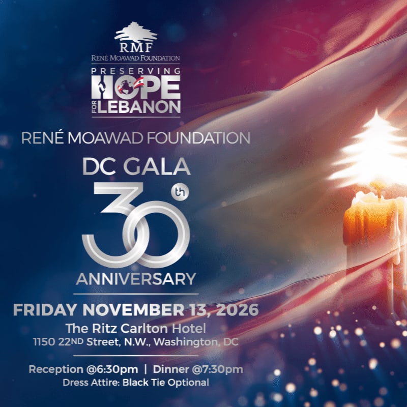 A festive background with a lit Christmas tree and candles frames the foreground text announcing the René Moawad Foundation's 30th Anniversary DC Gala.