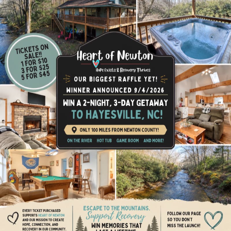 A collage of images advertises a raffle for a getaway to Hayesville, NC, featuring a cabin, hot tub, and river in the background, with raffle ticket prices and event details in the foreground.