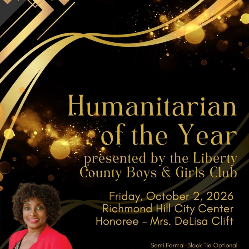 A woman in a red jacket is featured in the foreground against a black background with gold art deco accents and sparkling lights, announcing the "Humanitarian of the Year" award.