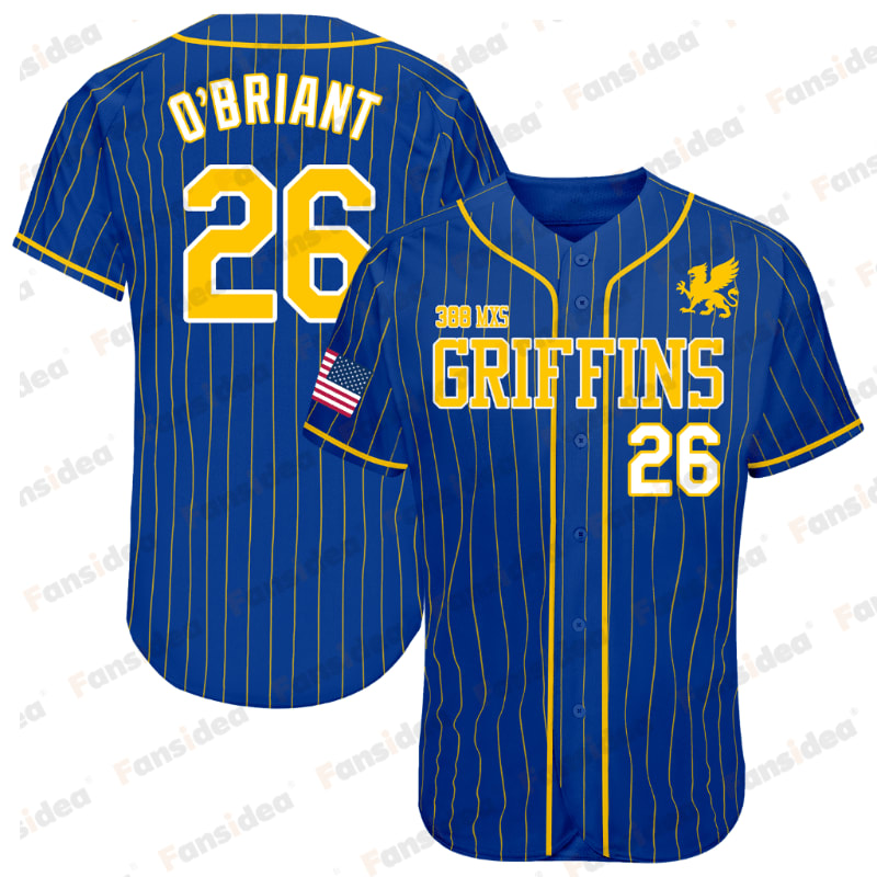 A blue pinstriped baseball jersey with "O'BRIANT 26" on the back and "GRIFFINS 26" on the front is displayed against a white background with faint watermarks.