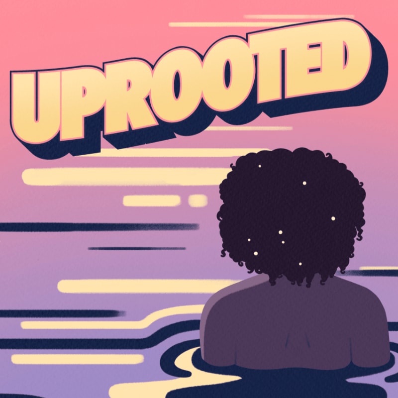 A person with dark, curly hair is submerged in water with the word "UPROOTED" in bold yellow letters against a pink and purple gradient sky.