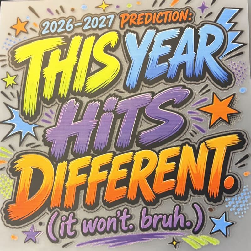 Colorful, hand-drawn text in the foreground proclaims "2026-2027 PREDICTION: THIS YEAR HITS DIFFERENT (it won't. bruh.)" against a background of abstract shapes and stars.