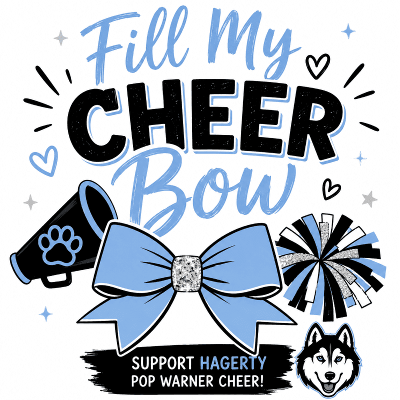 A large, sparkly blue cheer bow is centered in the foreground, flanked by a megaphone and a pom-pom, with the text "Fill My Cheer Bow" and "SUPPORT HAGERTY POP WARNER CHEER!" in the background.