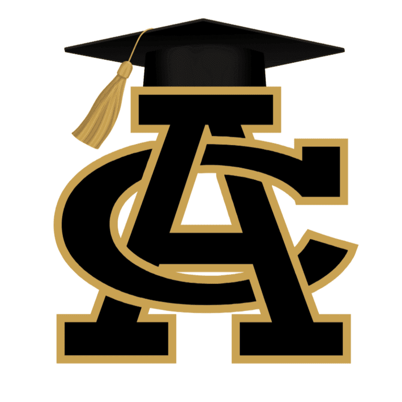 A black graduation cap with a gold tassel sits atop intertwined black and gold letters "AC" against a white background.