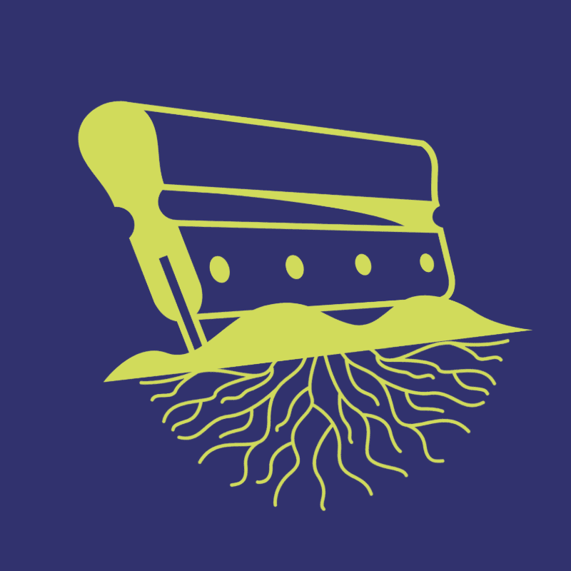 A yellow squeegee with roots growing from its base emerges from a mound of dirt against a dark blue background.