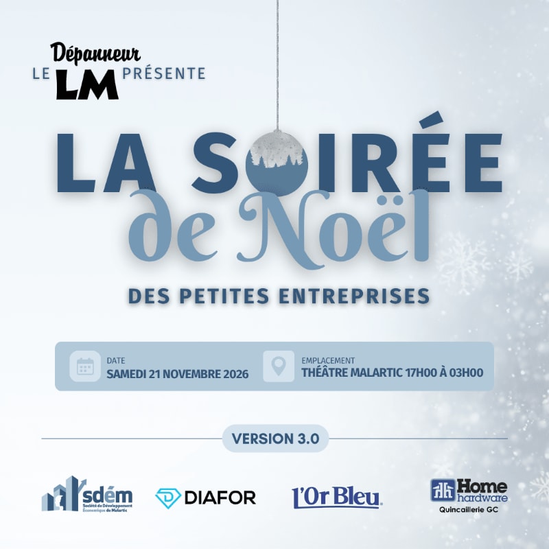 A festive poster for "LA SOIRÉE de Noël DES PETITES ENTREPRISES" is set against a snowy background, with event details and sponsor logos in the foreground.