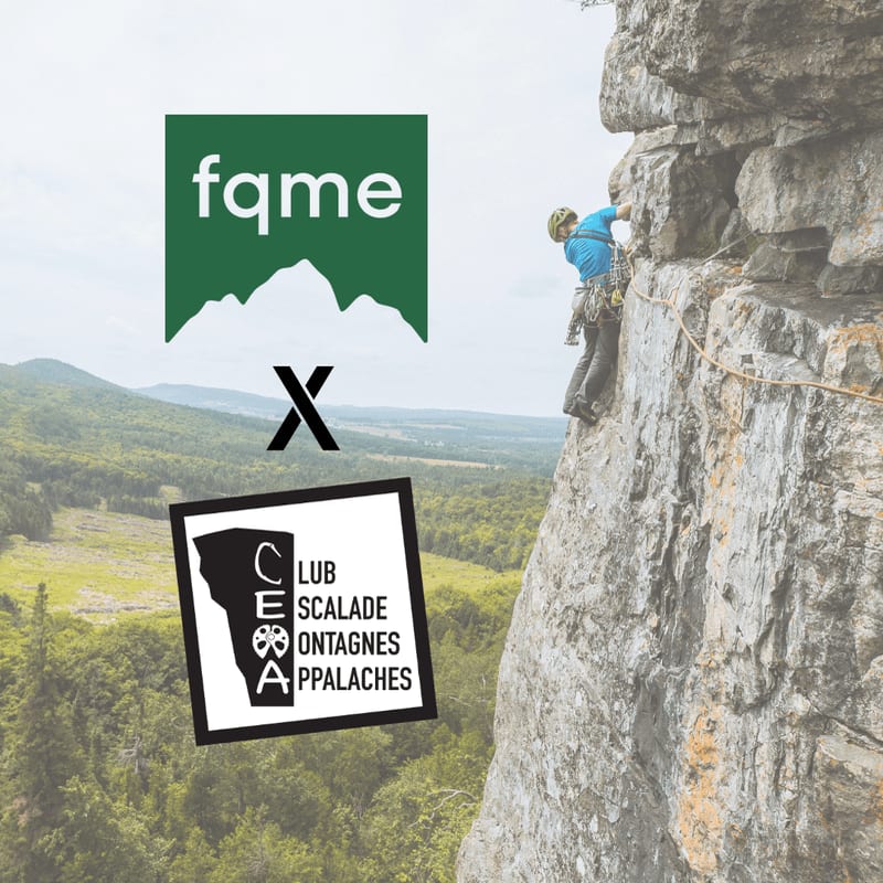 A rock climber scales a cliff face in the foreground, with a lush green landscape and mountains in the background, overlaid with logos for "fqme" and "Club Escalade Montagnes Appalaches".