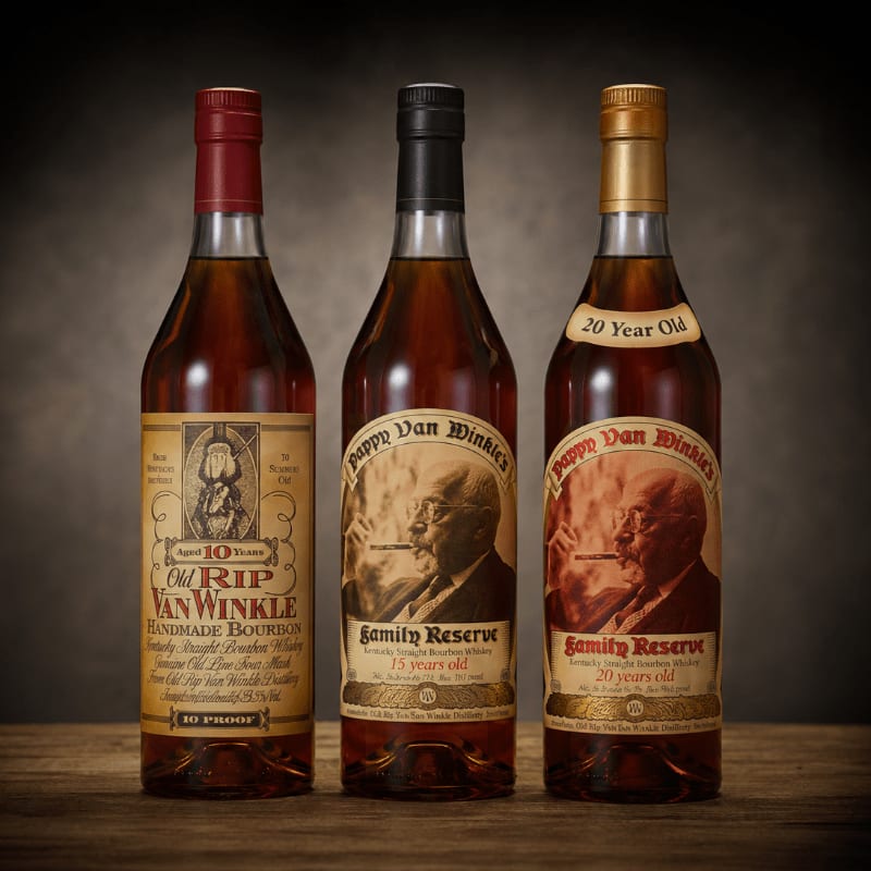 Three bottles of Pappy Van Winkle bourbon stand on a wooden surface against a dark, textured background.
