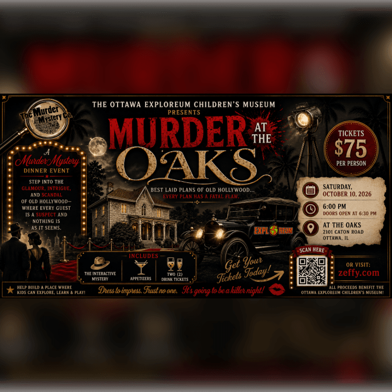 A vintage-style poster advertises a murder mystery dinner event set in old Hollywood, featuring a shadowy couple in the foreground and a grand estate with a vintage car in the background.