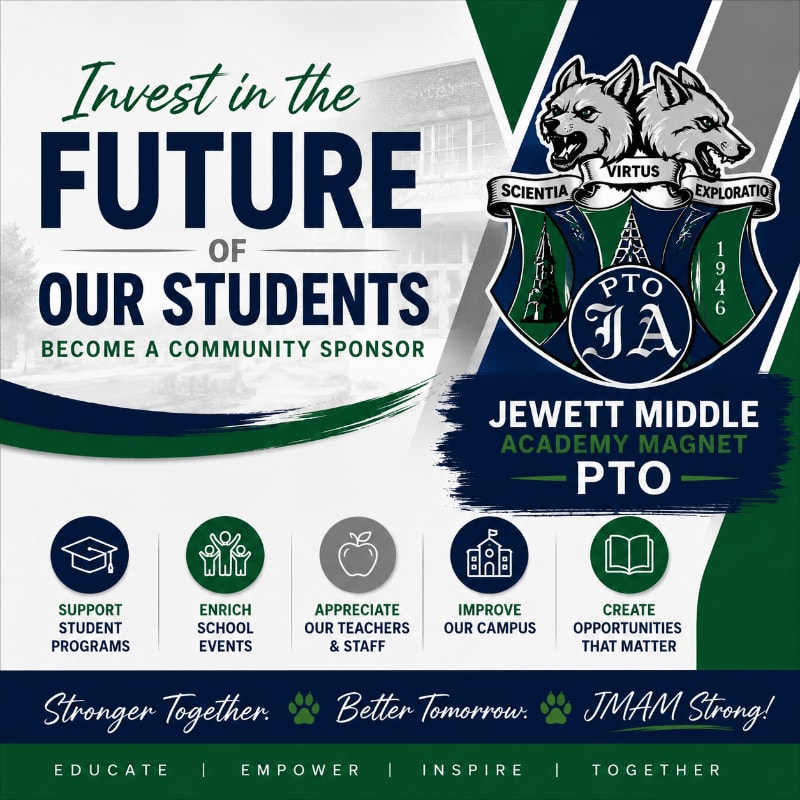 A graphic promoting community sponsorship for Jewett Middle Academy Magnet PTO features a school building in the background and five icons representing sponsorship benefits in the foreground.
