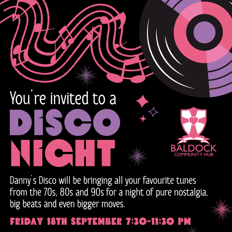 A vibrant disco night invitation features musical notes and a vinyl record in the background, with bold text announcing the event and details in the foreground.