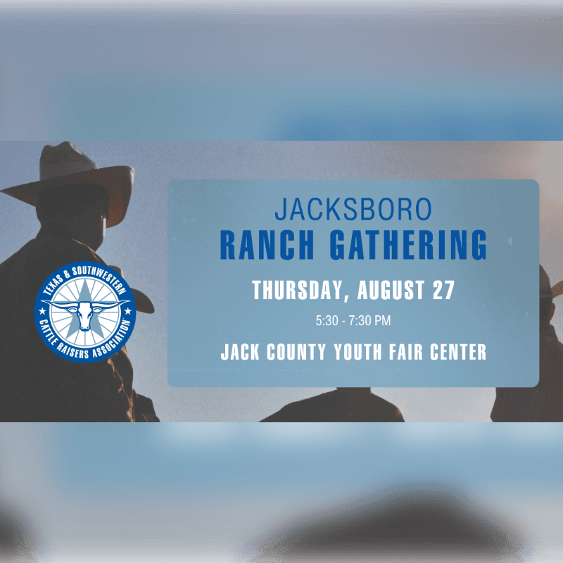 Silhouetted figures in cowboy hats face a light blue banner announcing the Jacksboro Ranch Gathering, set against a hazy sky.