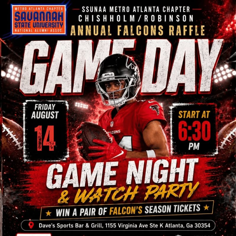 A football player in a red jersey holding a football is featured in the foreground, with stadium lights and footballs in the background, advertising a "Game Day" event.