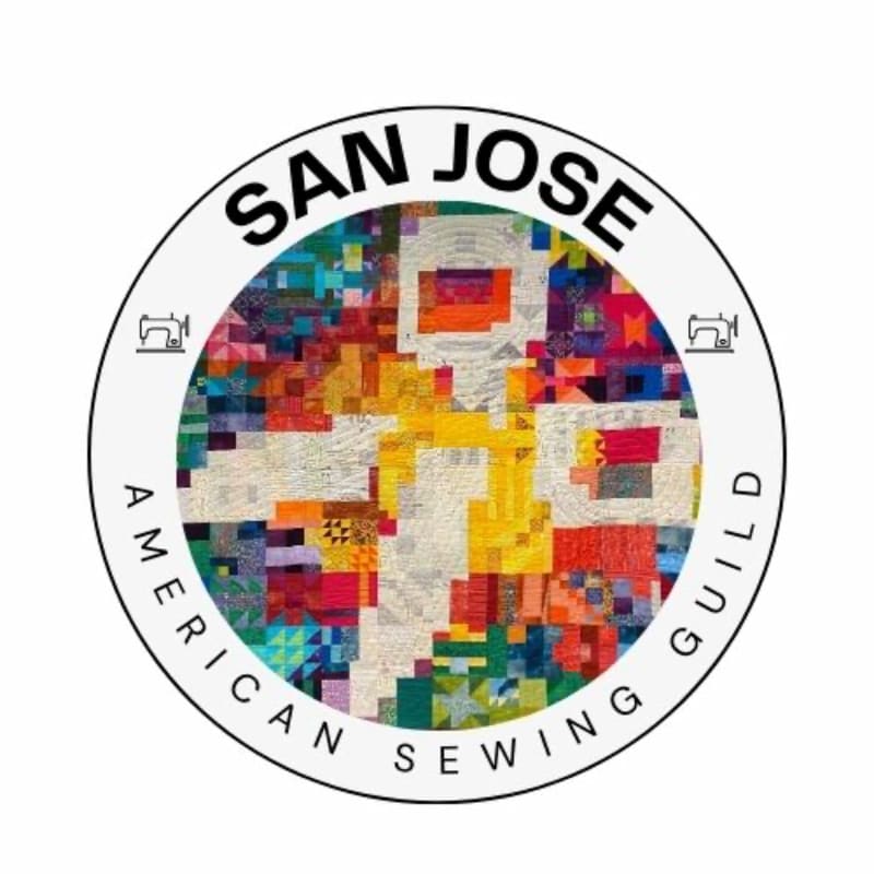 A colorful, abstract quilt pattern fills the center of a circular logo, with the words "SAN JOSE AMERICAN SEWING GUILD" arching around it.