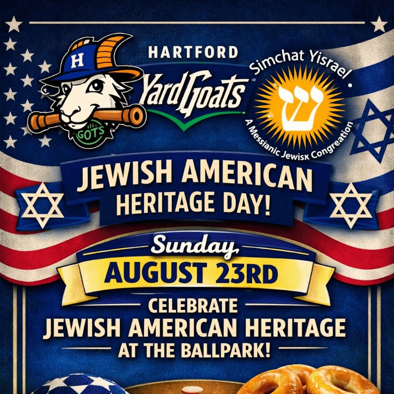 A Hartford Yard Goats baseball mascot is featured in the foreground against a background of the American and Israeli flags, promoting a Jewish American Heritage Day event.